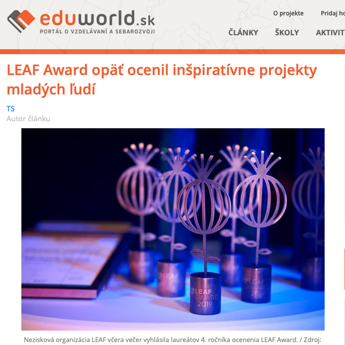eduworld.sk LEAF Award opäť ocenil inšpiratívne projekty mladých ľudí